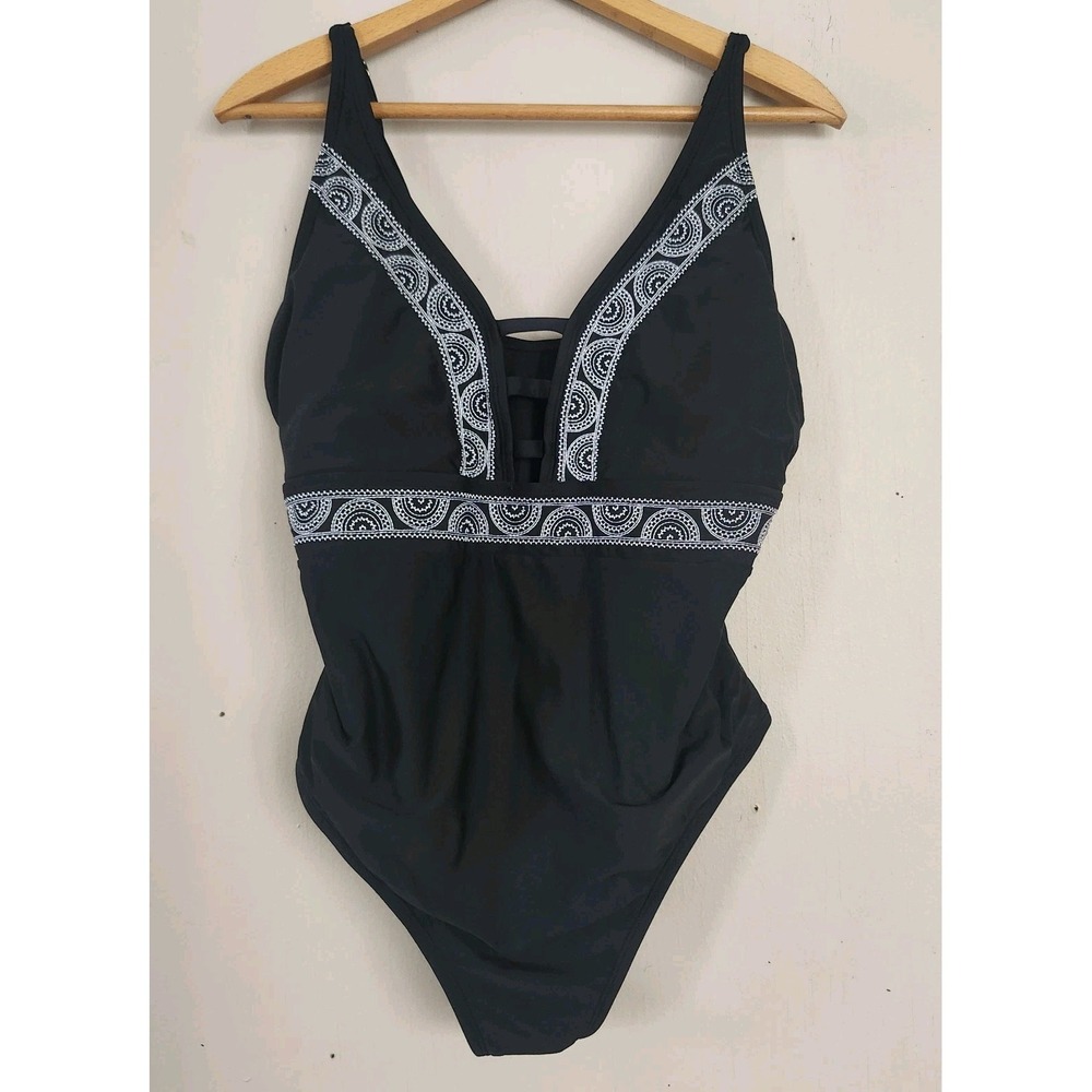 Freshwater Sz XXL Black White Boho Embroidered Plunge V-neck One Piece Swimsuit